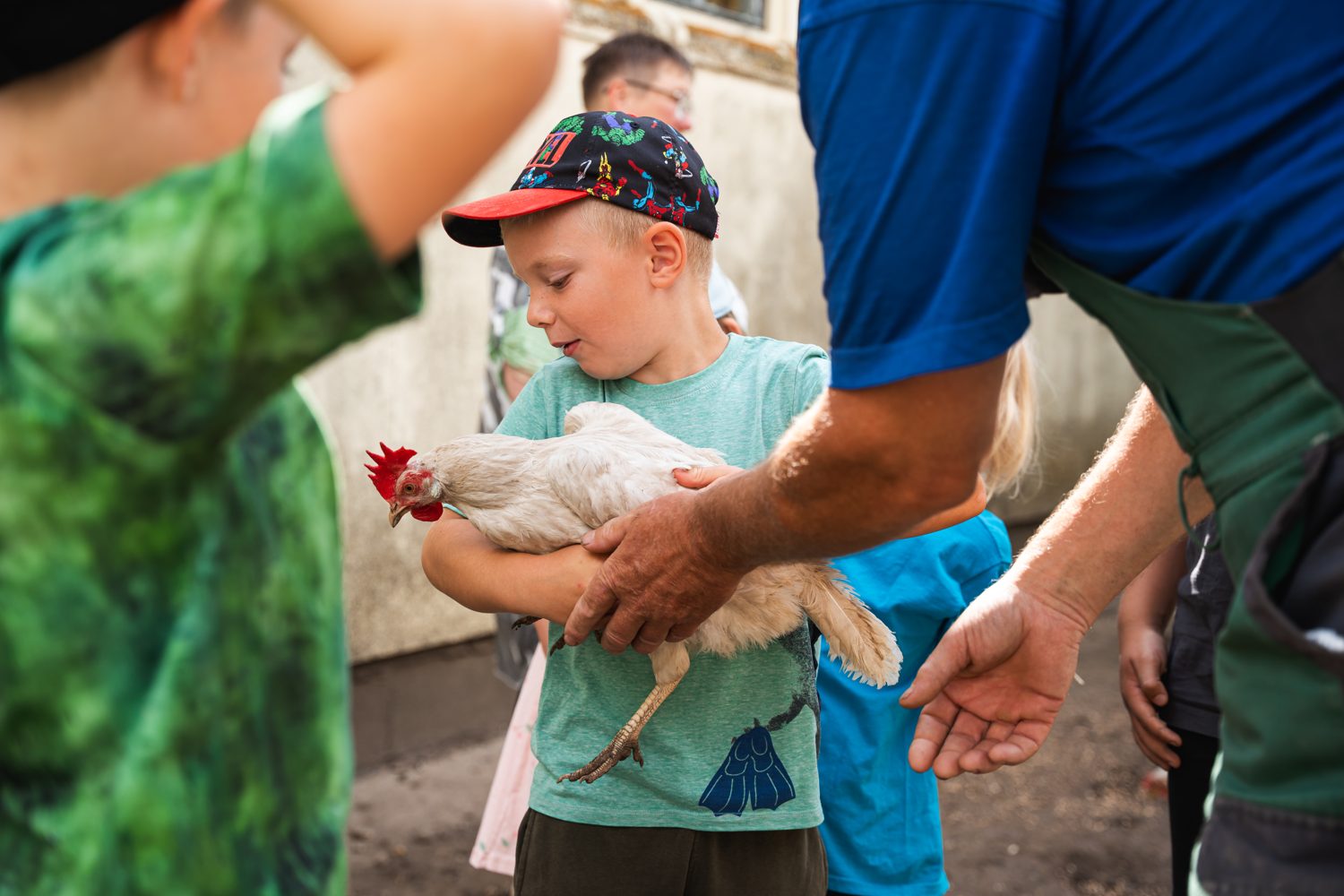 Ein Junge trägt behutsam ein weißes Huhn, ein Landwirt hilft ihm dabei