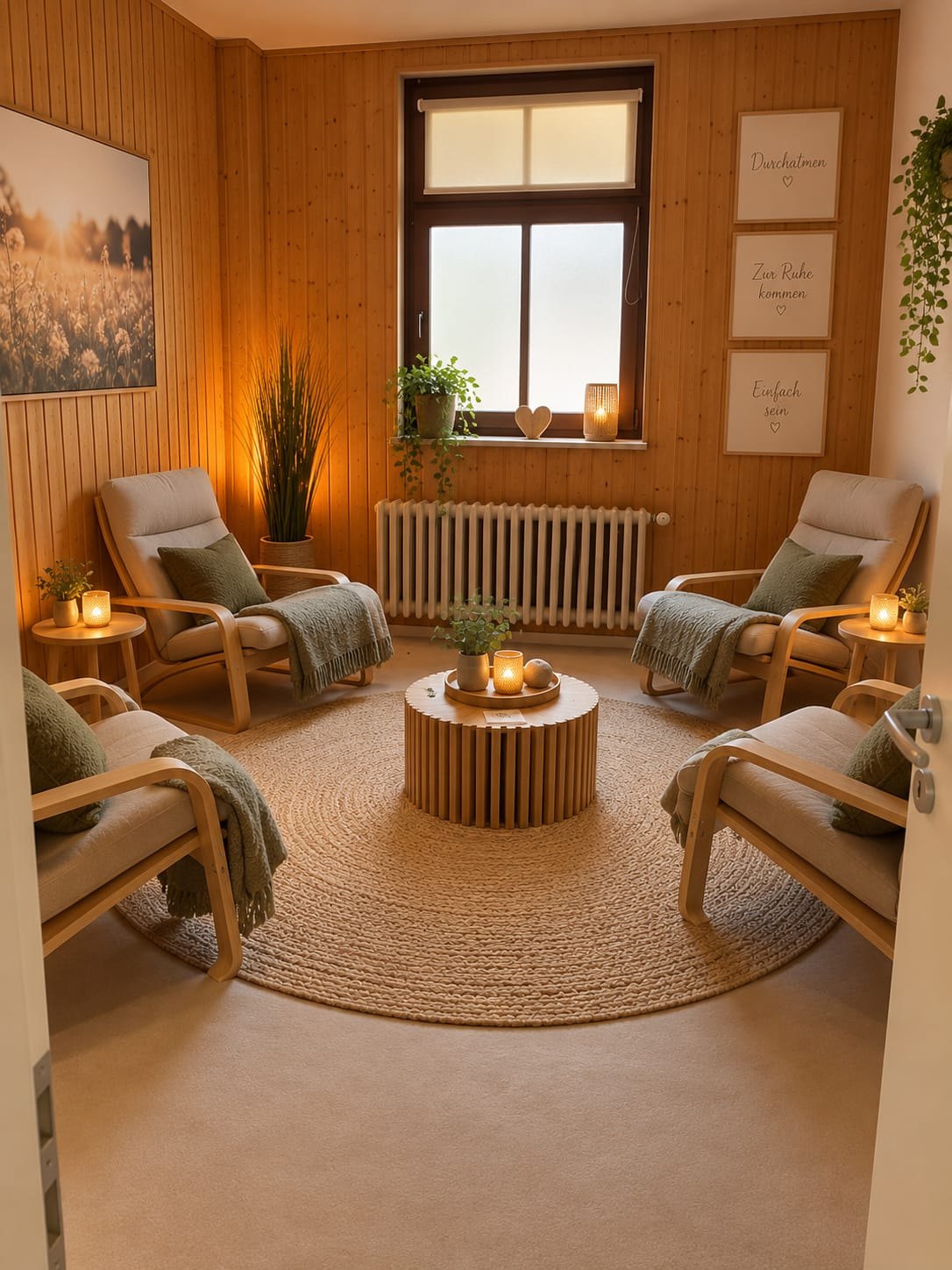 Vier Relaxsessel mit Decken stehen im Kreis um einen runden Tisch, warmes Kerzenlicht, Holzwände